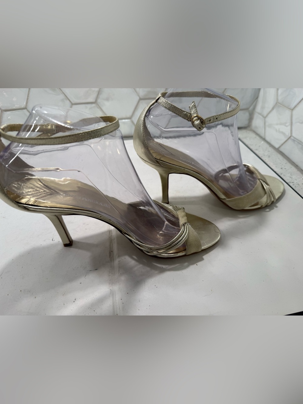 Enzo Angiolini Gold Metallic Strappy Sandals Ankle Strap Sz 8.5 Mesh Rhinestone - Picture 8 of 12